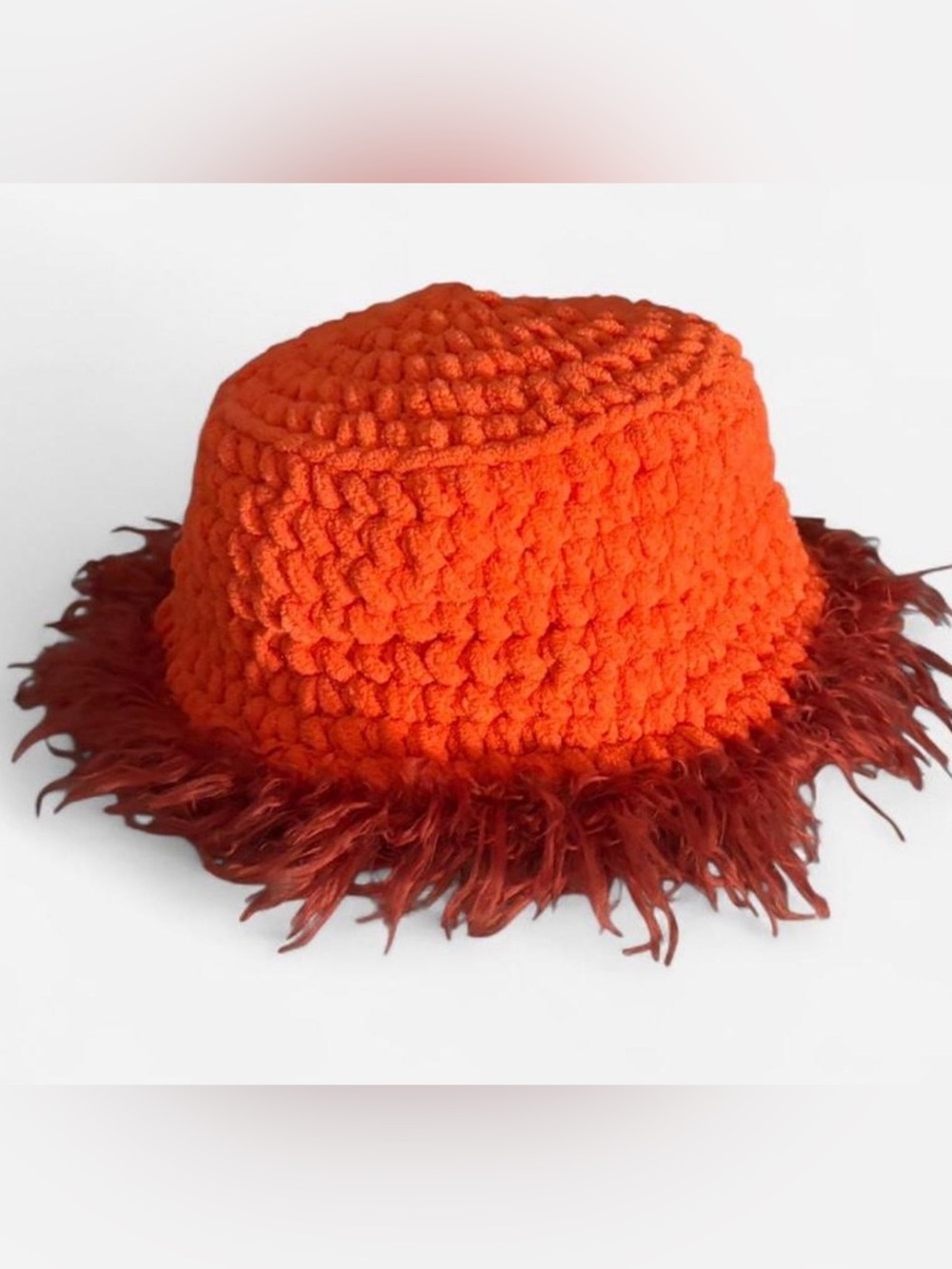 Chunky Crochet Orange Bucket Hat with Feather Trim